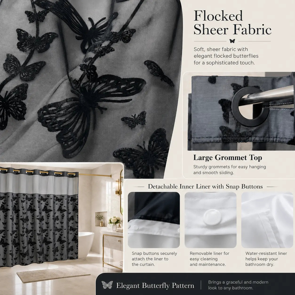 Hook-Free Double-Layer Butterfly Flocked Shower Curtain with Mesh Top Window | No-Drill Installation | Easy Setup for Airbnb, Hotel & Modern Home Décor | 71 × 74 In