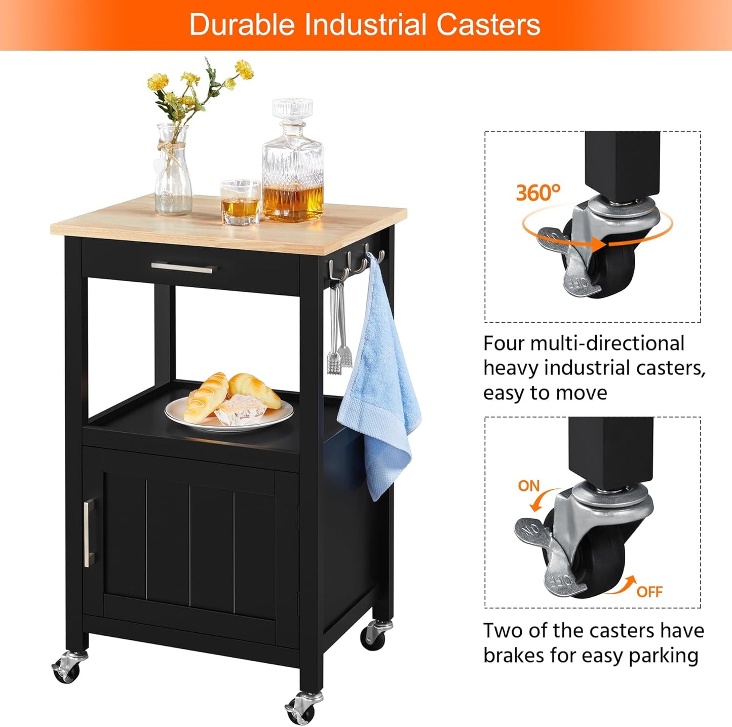 Yaheetech Rolling Kitchen Island Cart with Storage, 2 Tier, Wood Top, Black