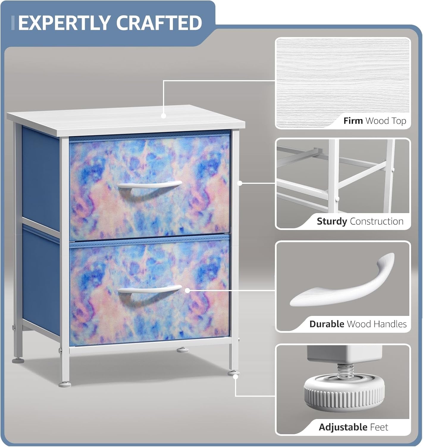 2-Drawer Kids Nightstand for Bedroom (Tie-Dye Blue)
