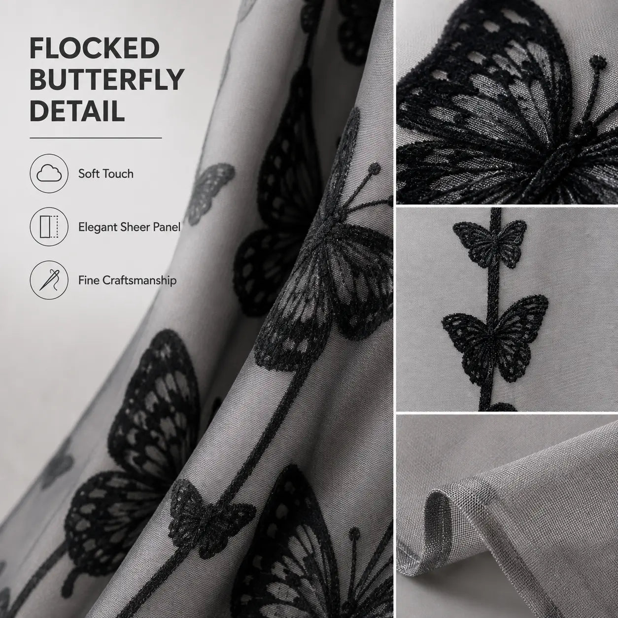Hook-Free Double-Layer Butterfly Flocked Shower Curtain with Mesh Top Window | No-Drill Installation | Easy Setup for Airbnb, Hotel & Modern Home Décor | 71 × 74 In
