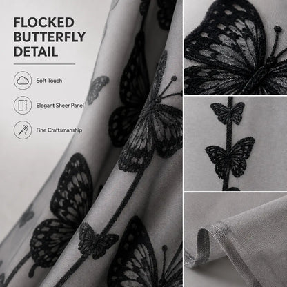 Hook-Free Double-Layer Butterfly Flocked Shower Curtain with Mesh Top Window | No-Drill Installation | Easy Setup for Airbnb, Hotel & Modern Home Décor | 71 × 74 In