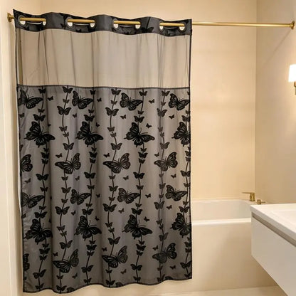 Hook-Free Double-Layer Butterfly Flocked Shower Curtain with Mesh Top Window | No-Drill Installation | Easy Setup for Airbnb, Hotel & Modern Home Décor | 71 × 74 In