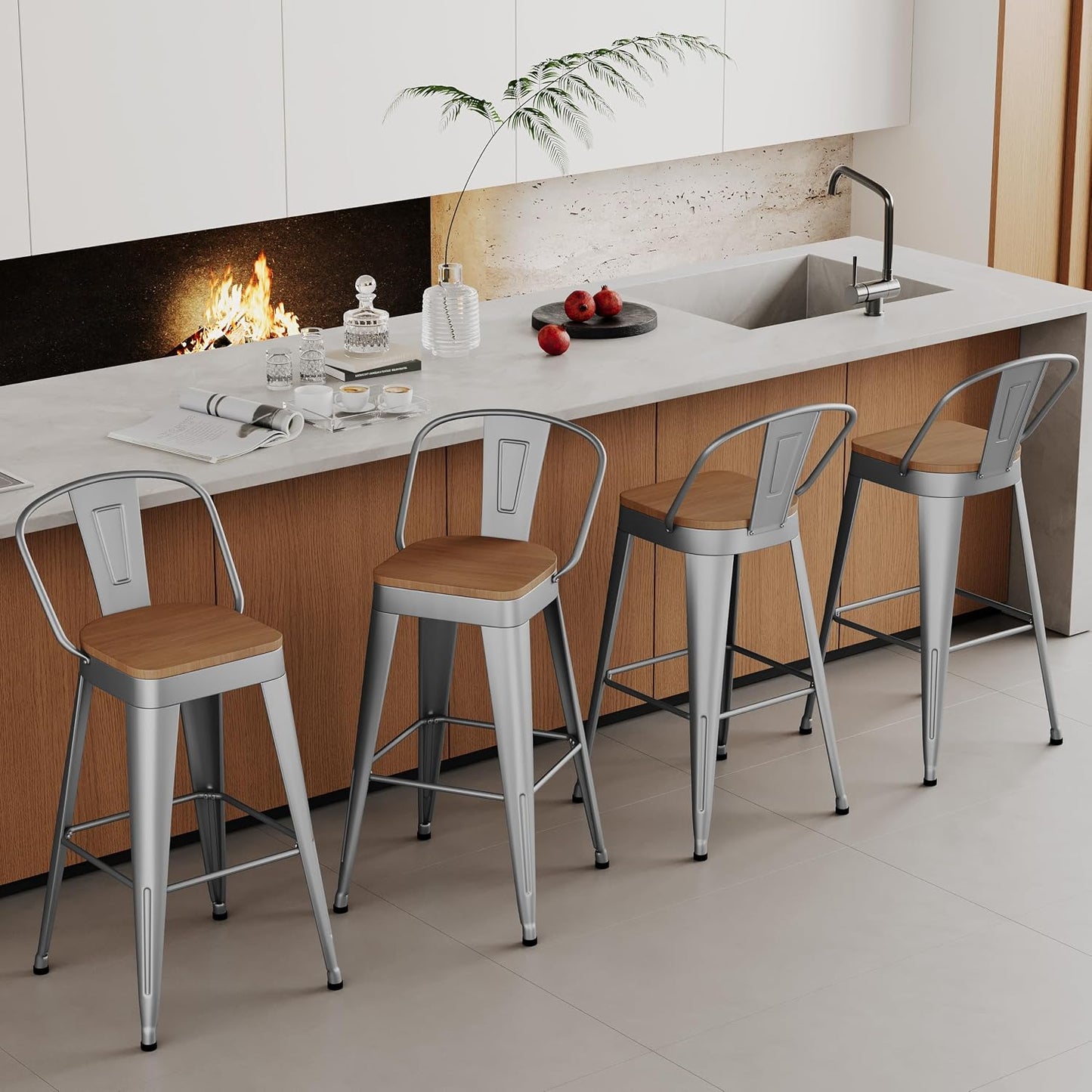 Industrial Metal Bar Stools Set of 4, 26 Inch Counter Height Barstools with Backs, Farmhouse Style, Silver
