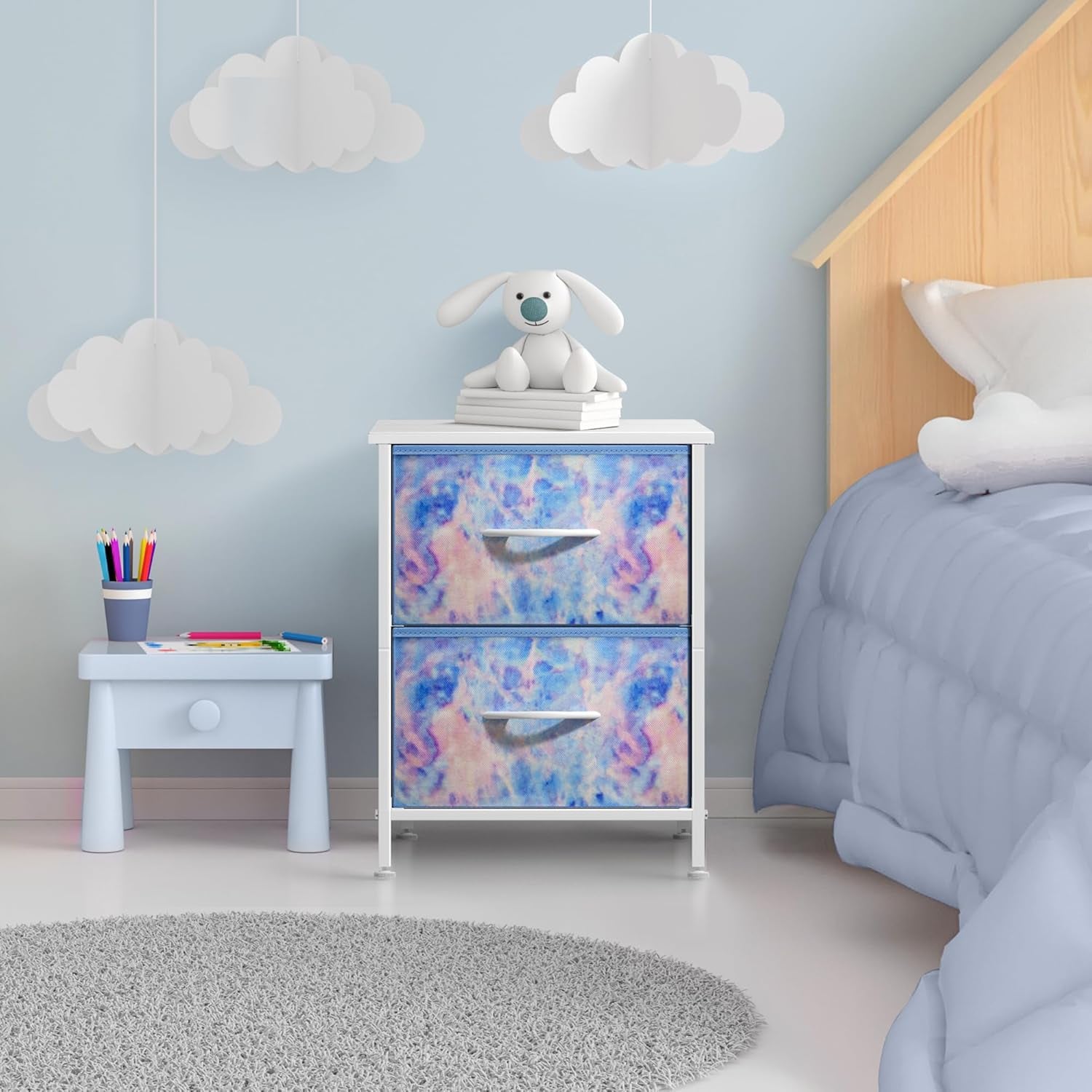 2-Drawer Kids Nightstand for Bedroom (Tie-Dye Blue)