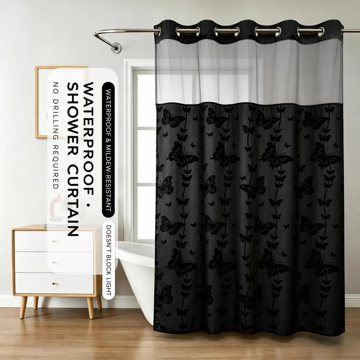 Hook-Free Double-Layer Butterfly Flocked Shower Curtain with Mesh Top Window | No-Drill Installation | Easy Setup for Airbnb, Hotel & Modern Home Décor | 71 × 74 In