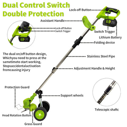 21V Cordless Weed Wacker with Wheels, 3-In-1 Electric String Trimmer, Edger & Lawn Care Tool, Lightweight Lawn Mower for Garden Maintenance, Adjustable Handle