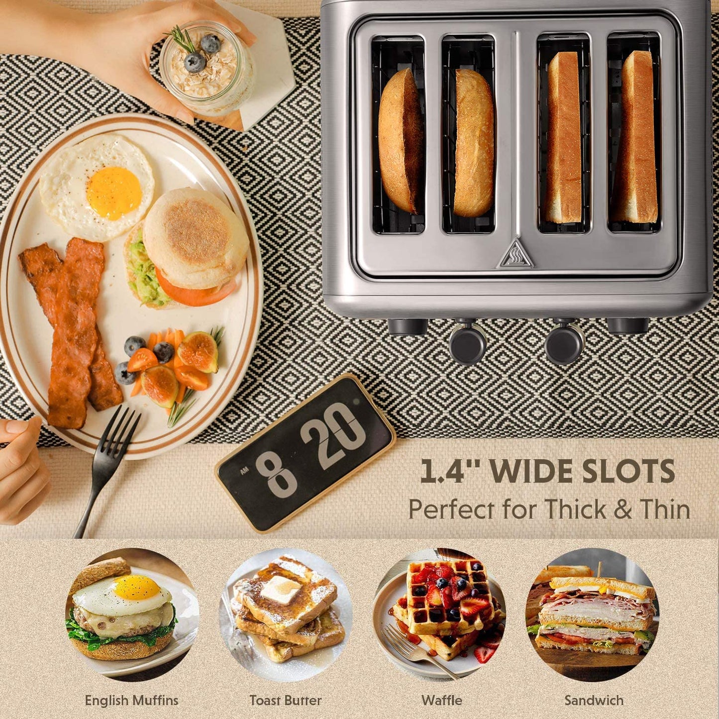 DT640 4-Slice Toaster, 7 Shade Settings, 1.5" Wide Slots, Silver