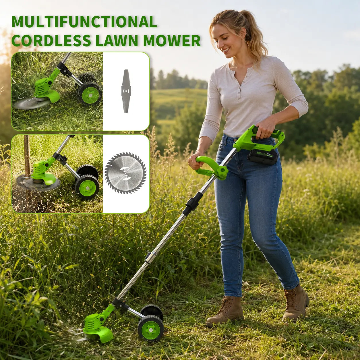 21V Cordless Weed Wacker with Wheels, 3-In-1 Electric String Trimmer, Edger & Lawn Care Tool, Lightweight Lawn Mower for Garden Maintenance, Adjustable Handle