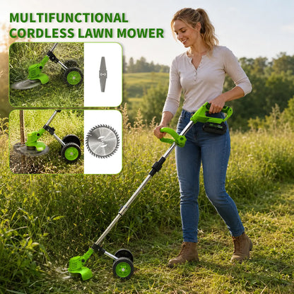 21V Cordless Weed Wacker with Wheels, 3-In-1 Electric String Trimmer, Edger & Lawn Care Tool, Lightweight Lawn Mower for Garden Maintenance, Adjustable Handle