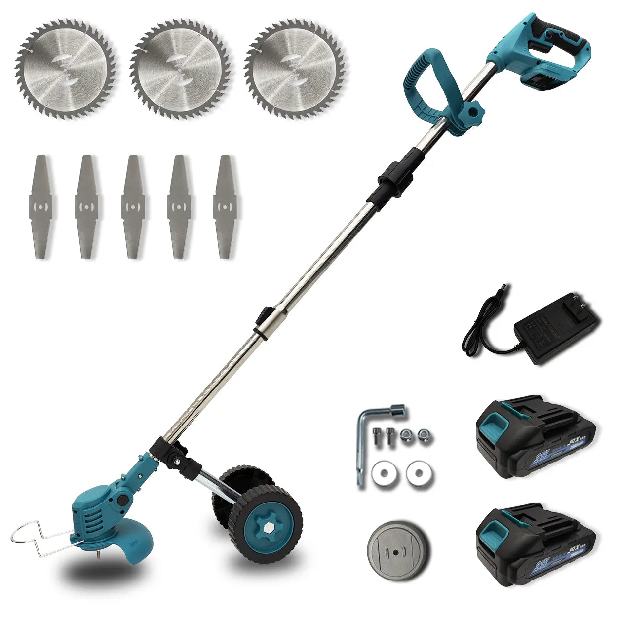 21V Cordless Weed Wacker with Wheels, 3-In-1 Electric String Trimmer, Edger & Lawn Care Tool, Lightweight Lawn Mower for Garden Maintenance, Adjustable Handle