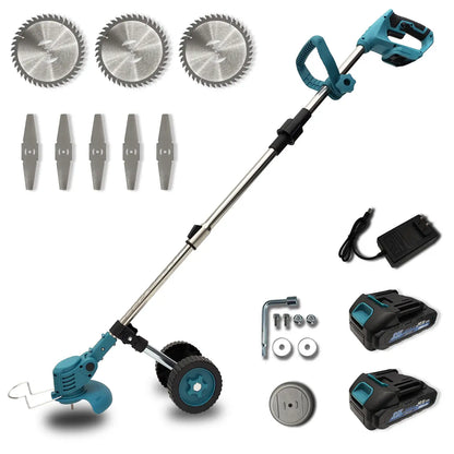21V Cordless Weed Wacker with Wheels, 3-In-1 Electric String Trimmer, Edger & Lawn Care Tool, Lightweight Lawn Mower for Garden Maintenance, Adjustable Handle