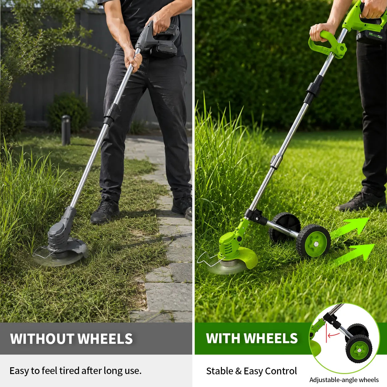 21V Cordless Weed Wacker with Wheels, 3-In-1 Electric String Trimmer, Edger & Lawn Care Tool, Lightweight Lawn Mower for Garden Maintenance, Adjustable Handle