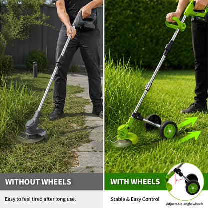 21V Cordless Weed Wacker with Wheels, 3-In-1 Electric String Trimmer, Edger & Lawn Care Tool, Lightweight Lawn Mower for Garden Maintenance, Adjustable Handle