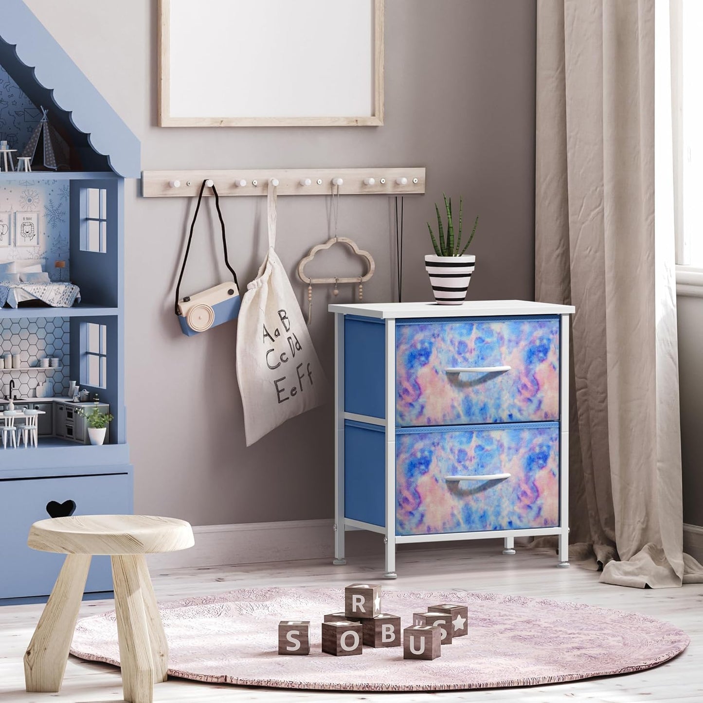 2-Drawer Kids Nightstand for Bedroom (Tie-Dye Blue)