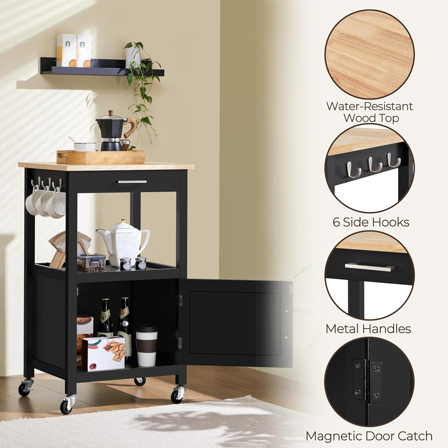 Yaheetech Rolling Kitchen Island Cart with Storage, 2 Tier, Wood Top, Black