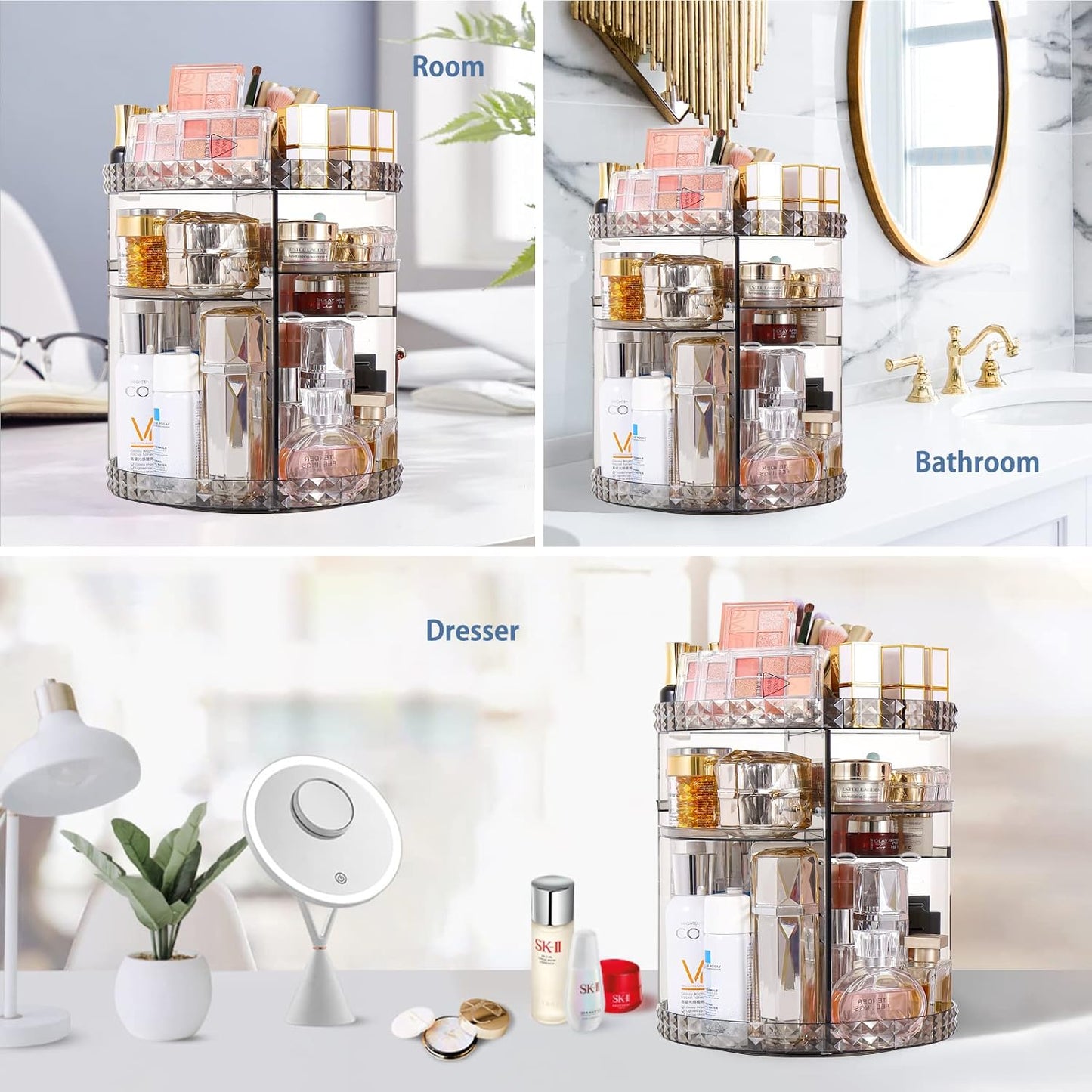 360 Rotating Makeup Organizer Perfume Organizer with 8 Adjustable Layer Gray Cosmetic Storage Display Case Large Capacity Acrylic Beauty Organizer for Vanity Countertop or Bedroom Dresser