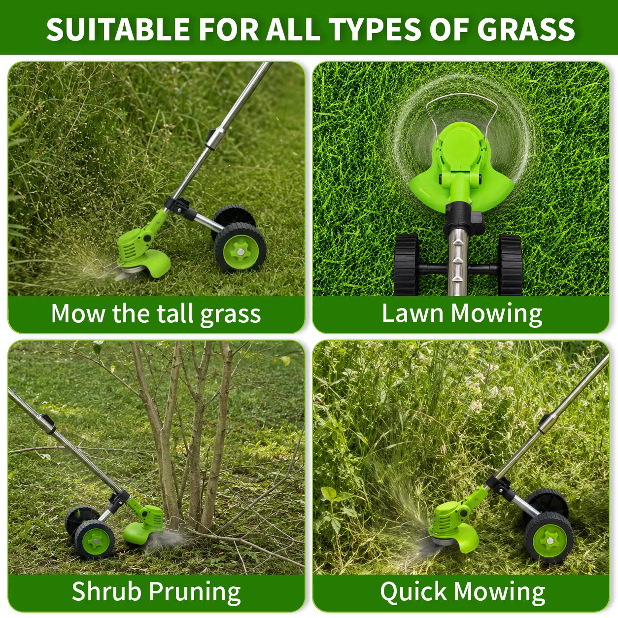 21V Cordless Weed Wacker with Wheels, 3-In-1 Electric String Trimmer, Edger & Lawn Care Tool, Lightweight Lawn Mower for Garden Maintenance, Adjustable Handle