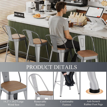 Industrial Metal Bar Stools Set of 4, 26 Inch Counter Height Barstools with Backs, Farmhouse Style, Silver