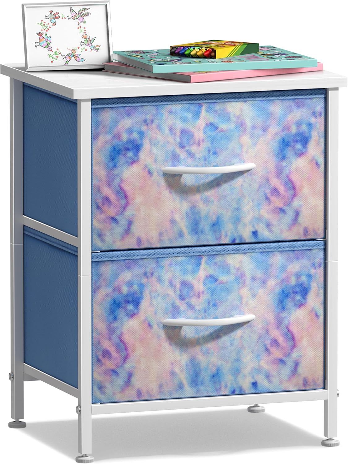 2-Drawer Kids Nightstand for Bedroom (Tie-Dye Blue)