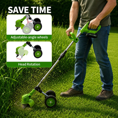 21V Cordless Weed Wacker with Wheels, 3-In-1 Electric String Trimmer, Edger & Lawn Care Tool, Lightweight Lawn Mower for Garden Maintenance, Adjustable Handle