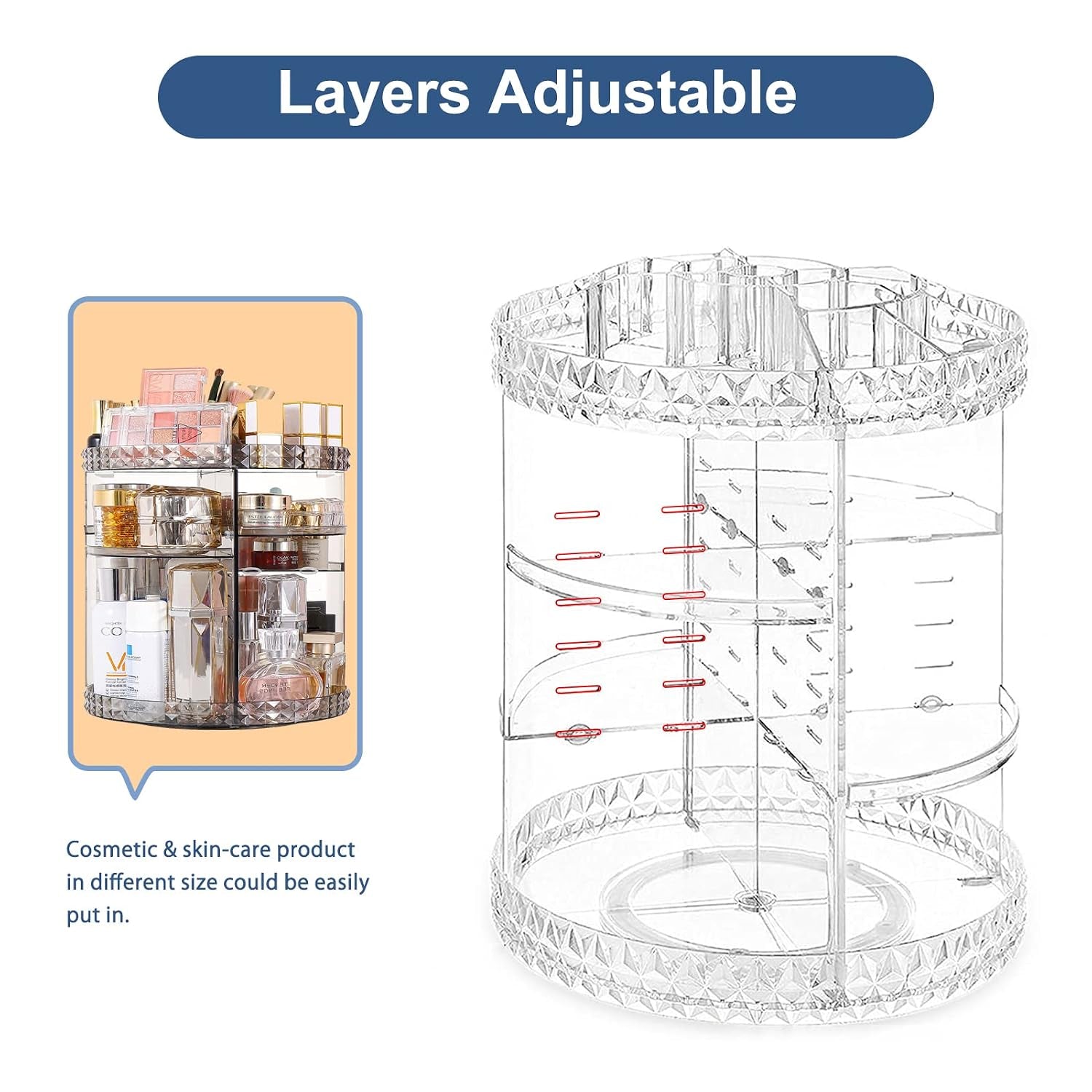 360 Rotating Makeup Organizer Perfume Organizer with 8 Adjustable Layer Gray Cosmetic Storage Display Case Large Capacity Acrylic Beauty Organizer for Vanity Countertop or Bedroom Dresser