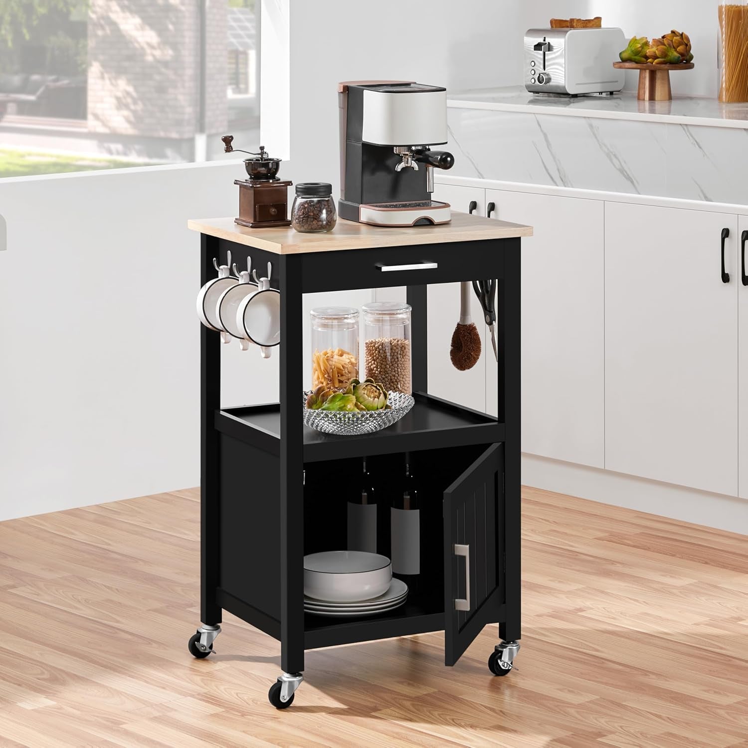 Yaheetech Rolling Kitchen Island Cart with Storage, 2 Tier, Wood Top, Black