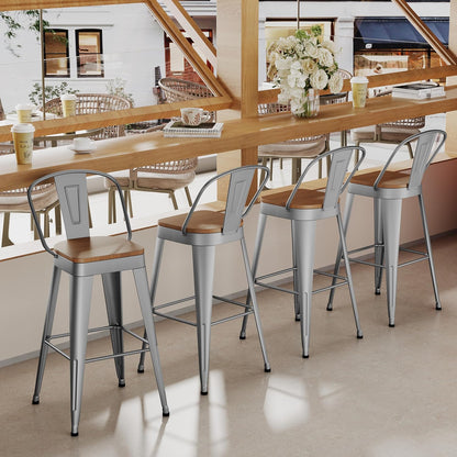 Industrial Metal Bar Stools Set of 4, 26 Inch Counter Height Barstools with Backs, Farmhouse Style, Silver