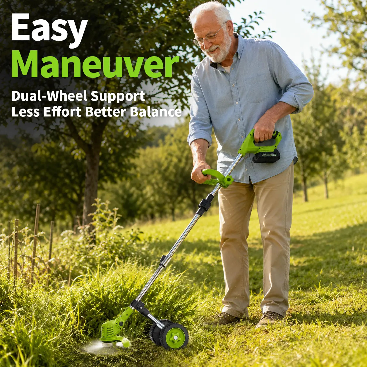 21V Cordless Weed Wacker with Wheels, 3-In-1 Electric String Trimmer, Edger & Lawn Care Tool, Lightweight Lawn Mower for Garden Maintenance, Adjustable Handle